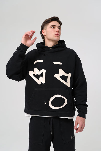 Large Face Hoodie - Washed Black